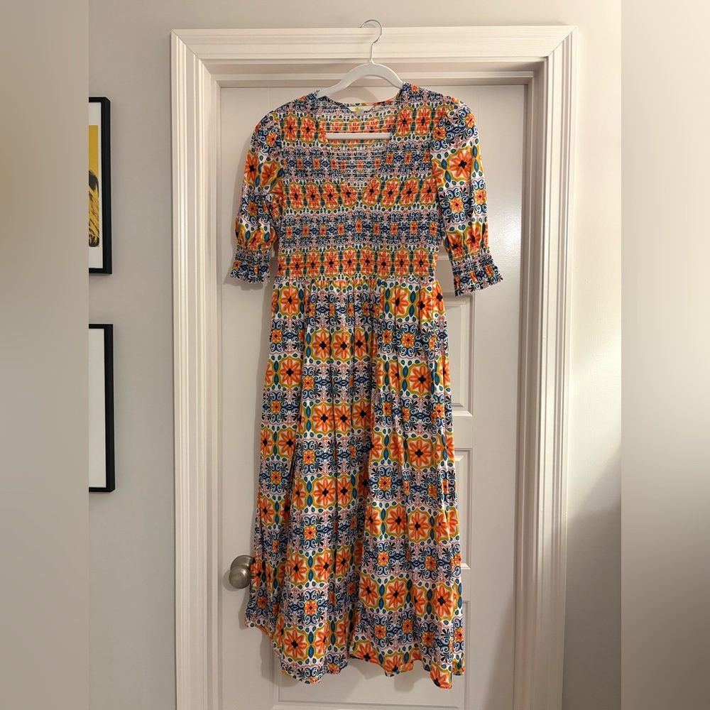 Boden Orange and Blue Floral Tile-Print Maxi Dress